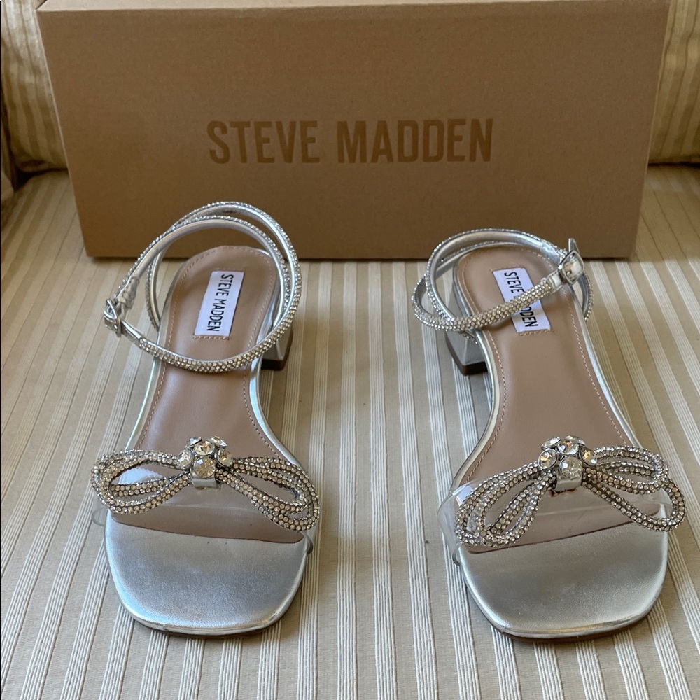 Steve Madden Silver Rhinestone Bow Ankle-Strap Heels